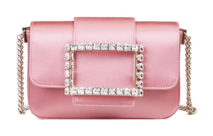 

Шёлковая атласная цепная сумка через плечо мини женская розовая Roger Vivier