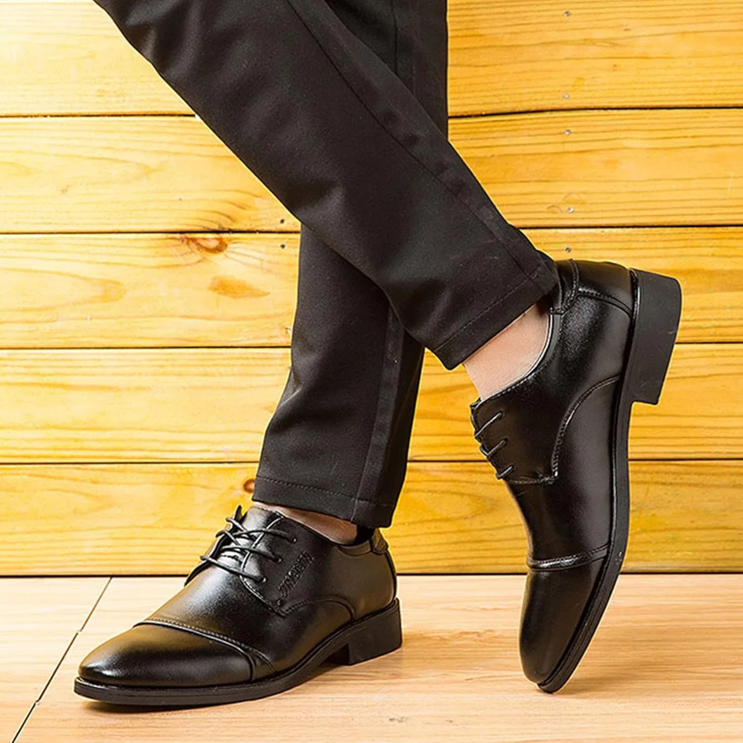 Мужские кожаные летние туфли Generisch Fashion на низком каблуке с острым носком и шнуровкой, в простом британском стиле, Black — фото 3
