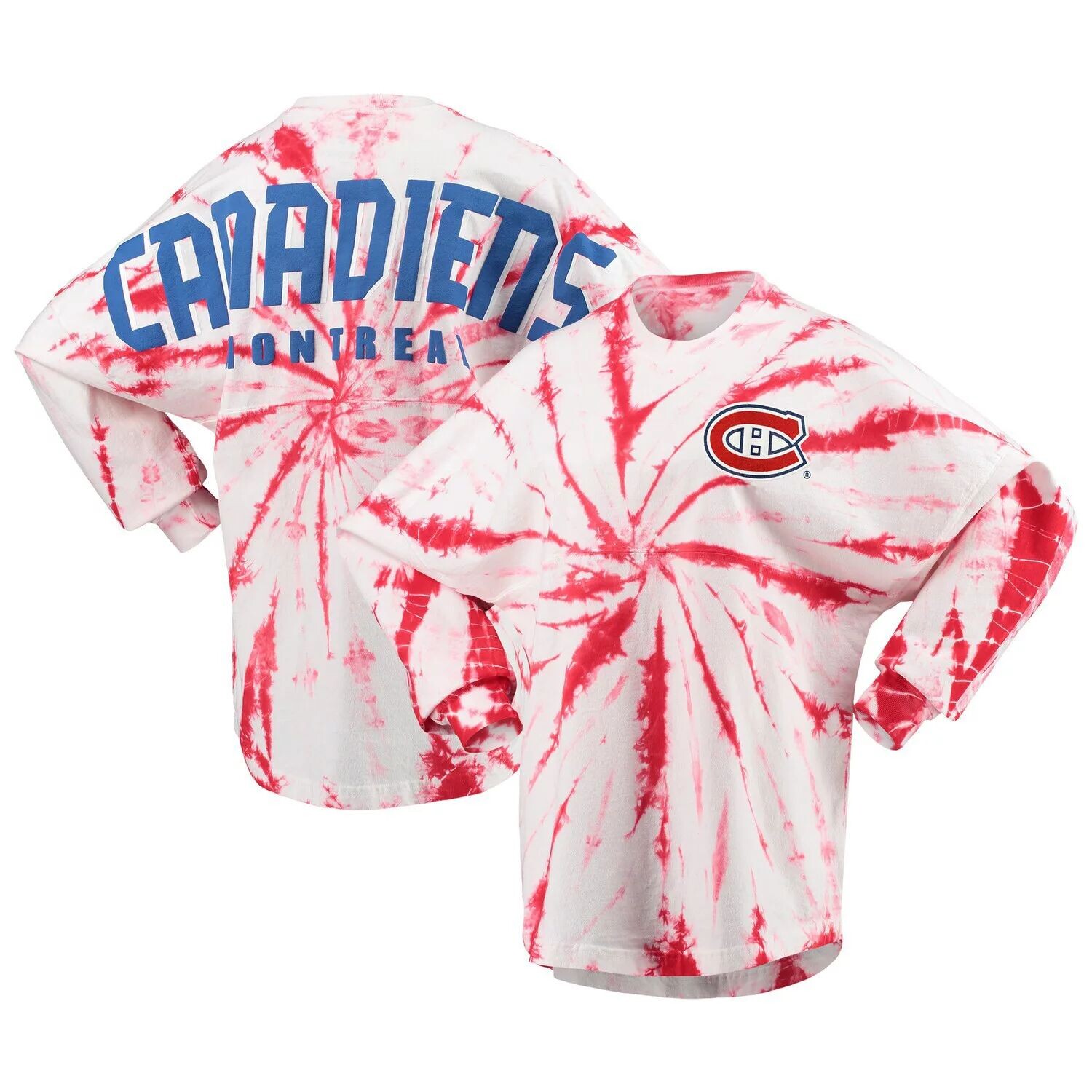

Красная женская футболка с длинным рукавом Montreal Canadiens Spiral Tie Dye, Красный, Красная женская футболка с длинным рукавом Montreal Canadiens Spiral Tie Dye