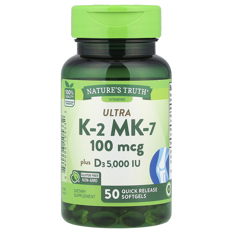 

Nature's Truth, Ultra K2 MK-7 Plus D3, 50 капсул быстрого высвобождения