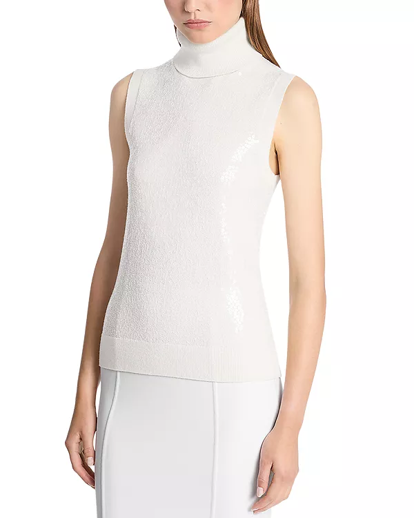 

Кашемировый свитер без рукавов с высоким воротником, вышитый пайетками Michael Kors Collection, белый