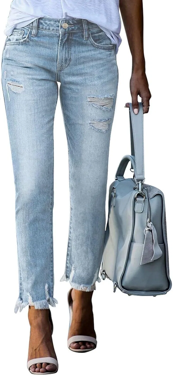 Джинсы прямые, потертые, High Waisted, светло-синие