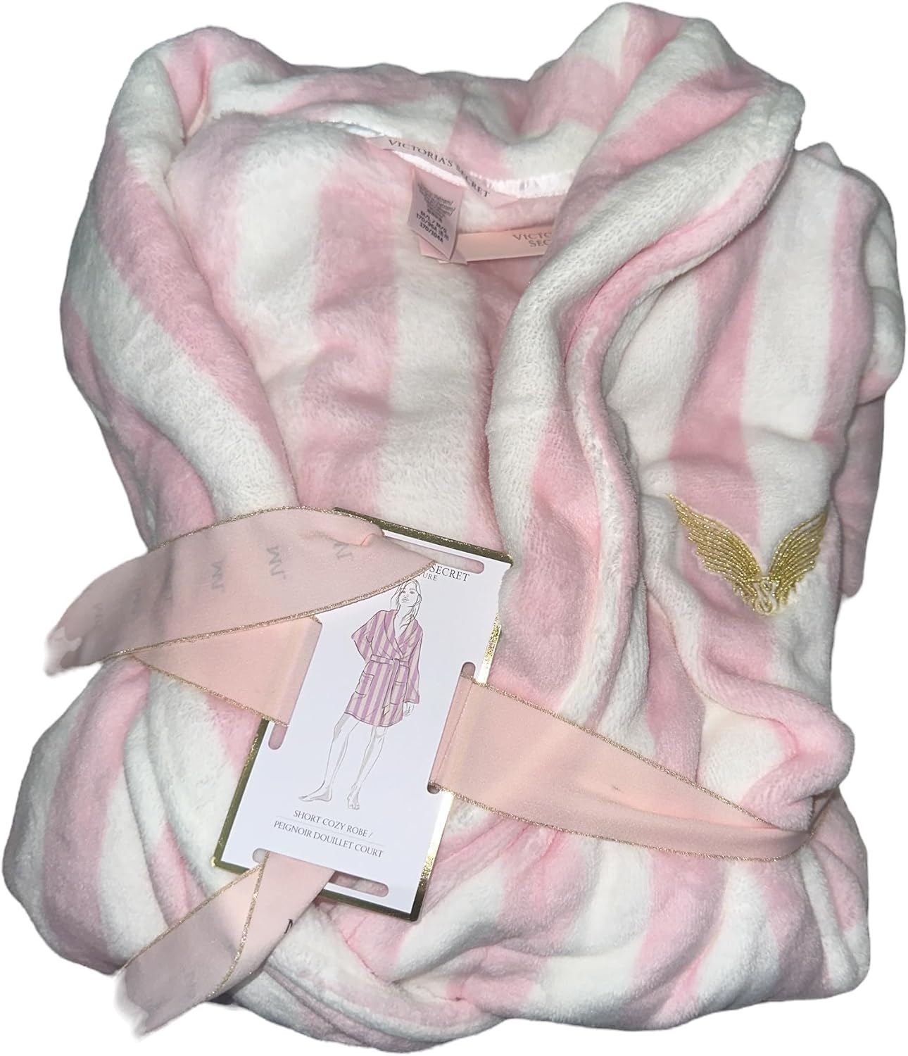 

Халат Victoria's Secret, короткий, из мягкого плюша, с поясом, розово-белая полоска, Print/Pink/White Stripes