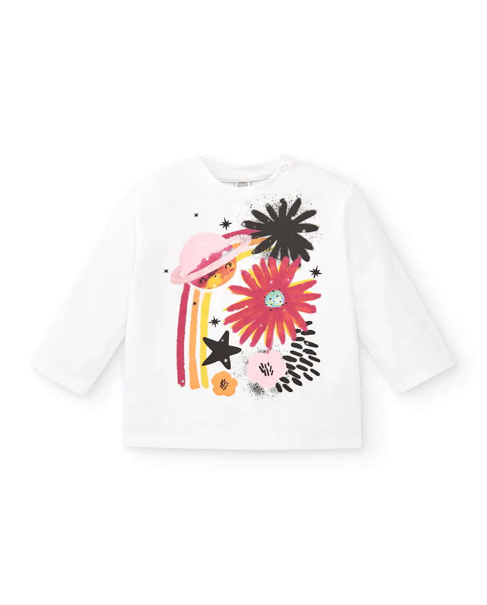 

Белая вязаная футболка для девочки с ярким принтом Tuc tuc