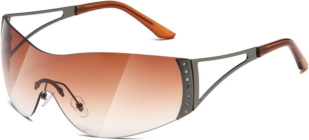 

Солнцезащитные очки Y2K для женщин и мужчин, модные, без оправы, обтекаемые, с градиентными линзами, стильные, увеличенного размера TIANYESY, Grey Frame Gradient Tea Slice