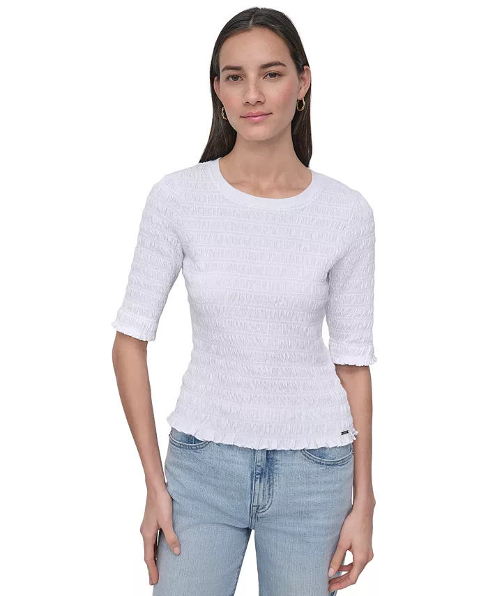 

Женский топ из хлопка с присборенными рукавами до локтя DKNY Jeans, белый