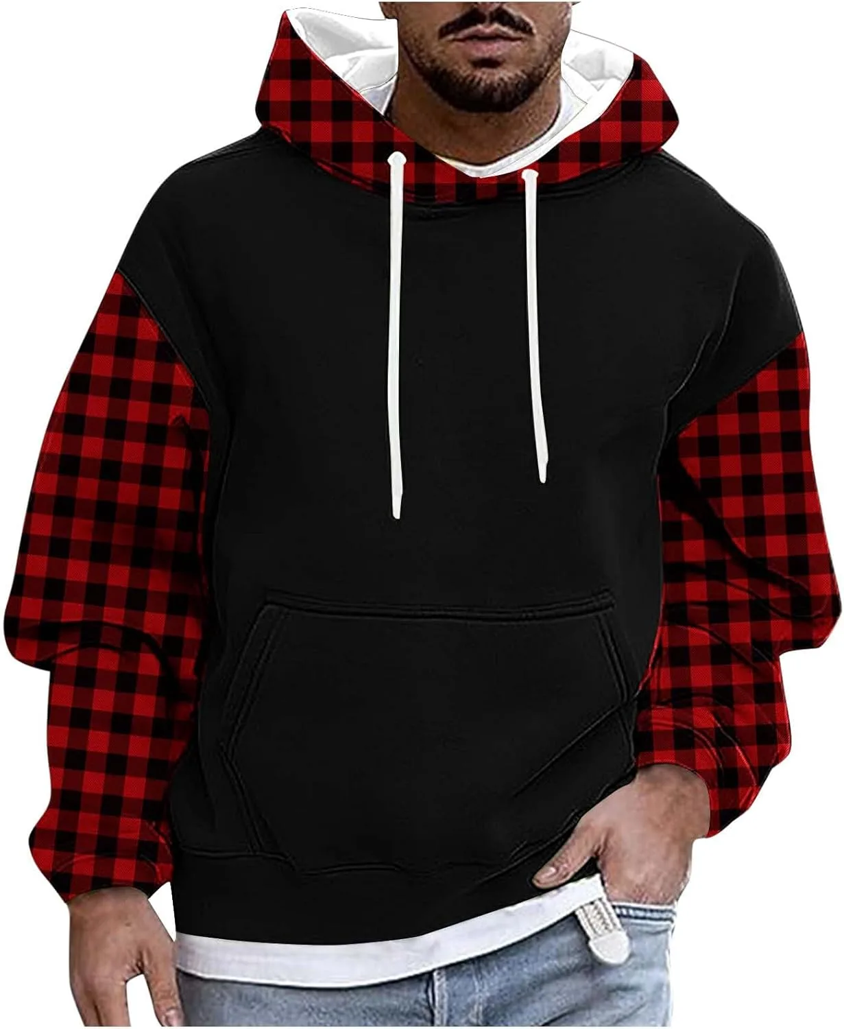 

Мужской свободный худи с длинным рукавом в стиле пэчворк