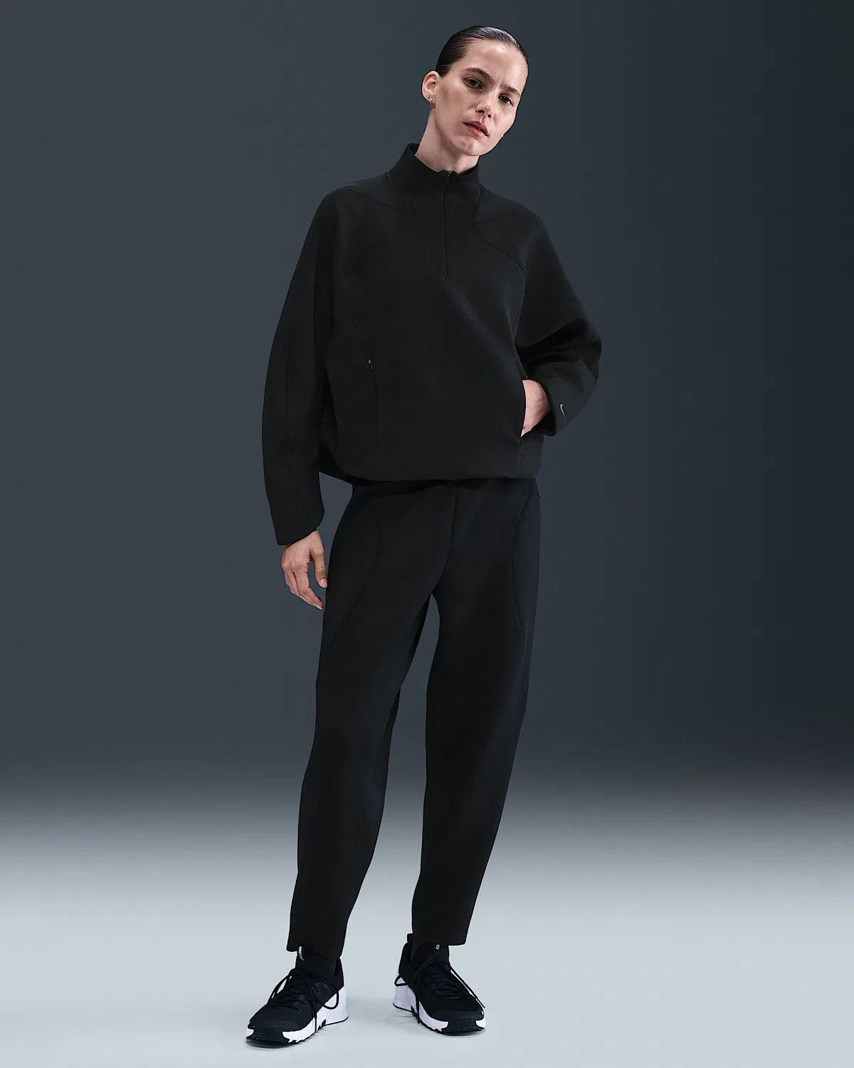 Женская футболка Nike Universa Dri-FIT с четверть-застежкой, Black/Black/Dark Smoke Grey — фото 4