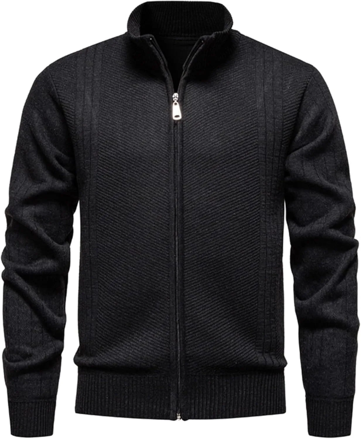 

Мужской кардиган с воротником стойкой и кабельной вязкой