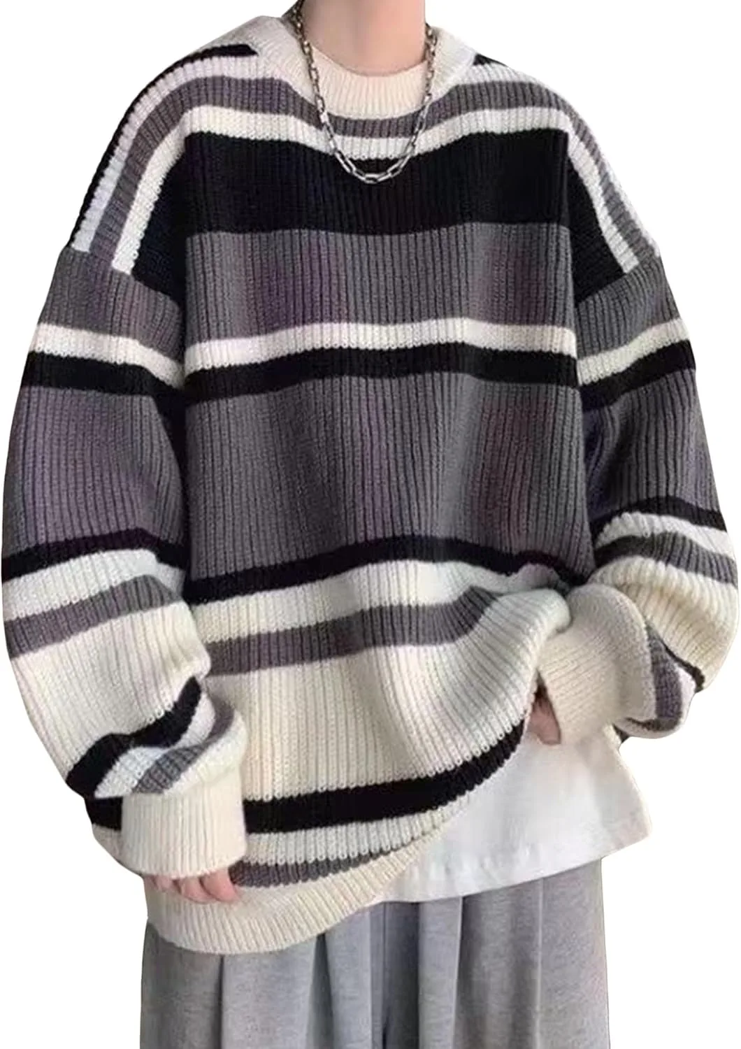 

Мужской свитер в полоску Vintage, свободный, с косой вязкой