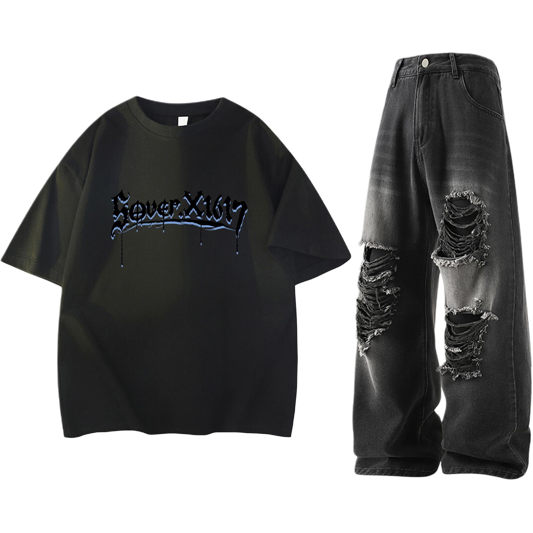 

Повседневный спортивный свитер Unisex с круглой горловиной Moderate X1617, черный short-sleeved shirt+черный ripped jeans