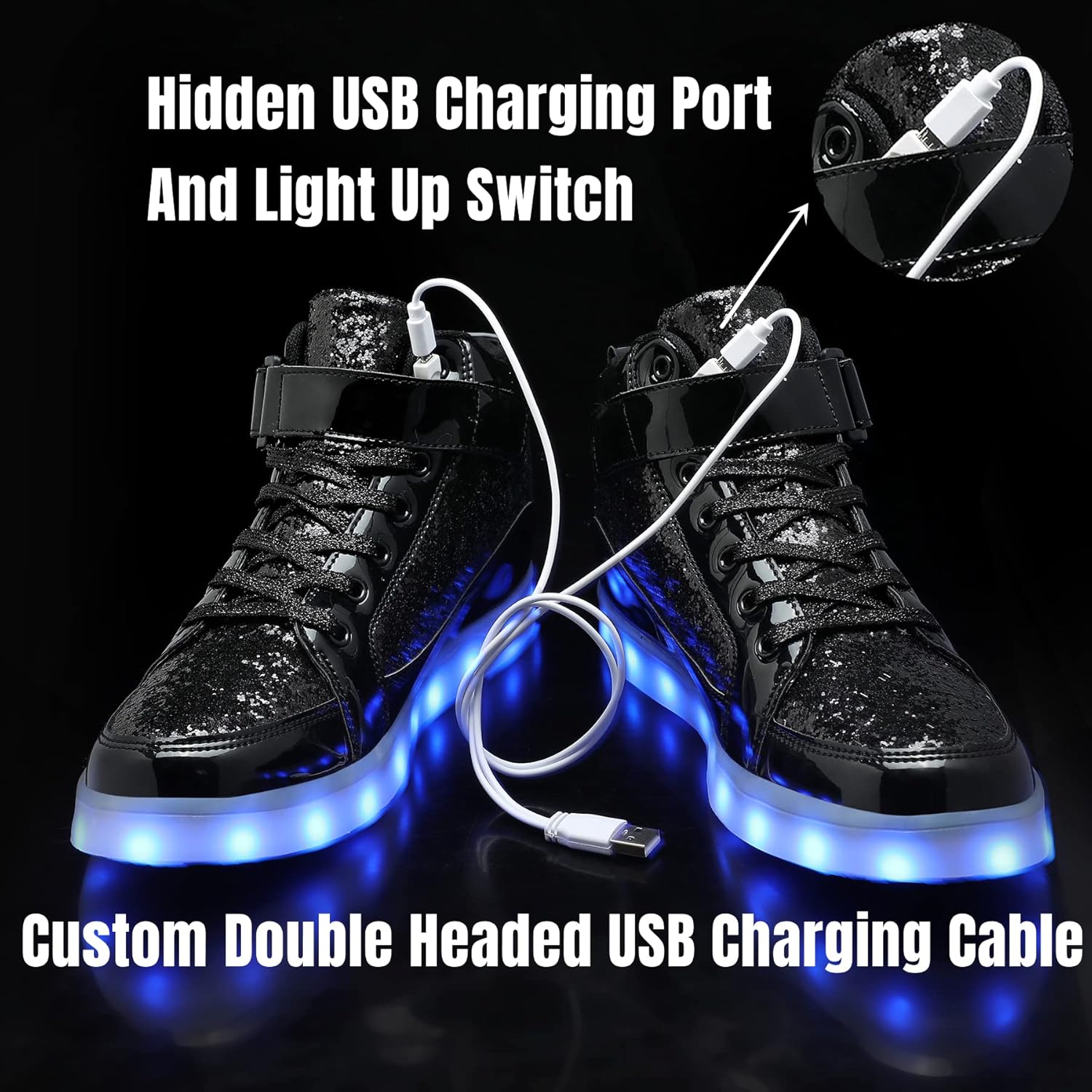 Светящиеся кроссовки IGxx с LED-подсветкой для мужчин, с USB-зарядкой, высокие LED-ботинки для женщин и детей, черный — фото 4