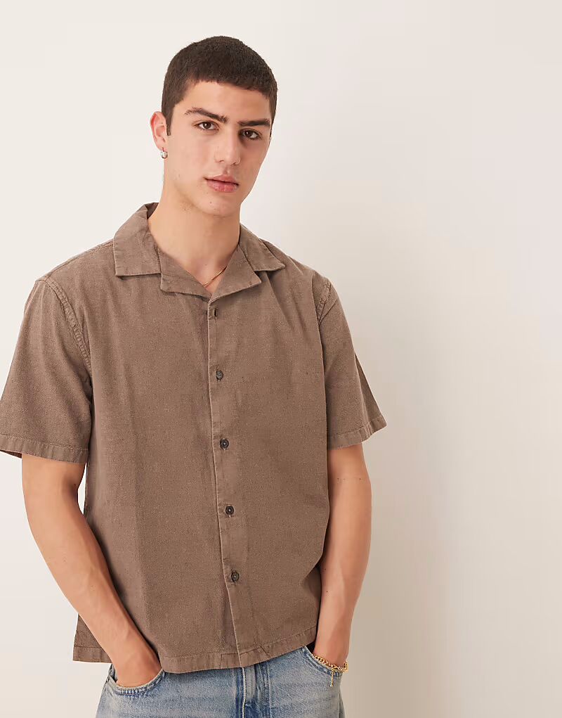 

Льняная рубашка с коротким рукавом Abercrombie & Fitch коричневого цвета