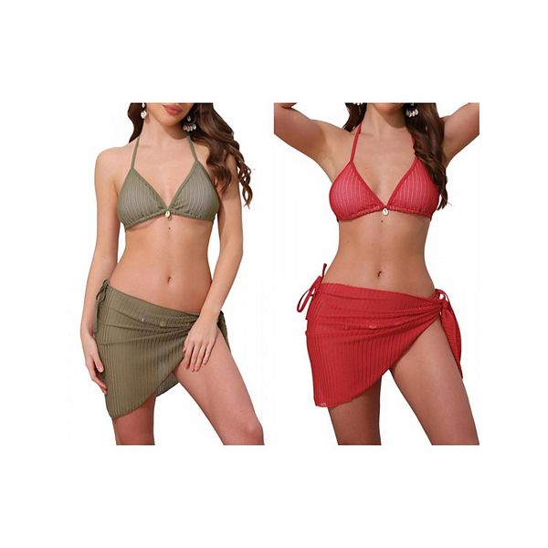 

2 комплекта женского бикини с декором ракушками, 3 предмета: топ-халтер, треугольные трусики и юбка-парео Inspire Chic, Moss Green Red