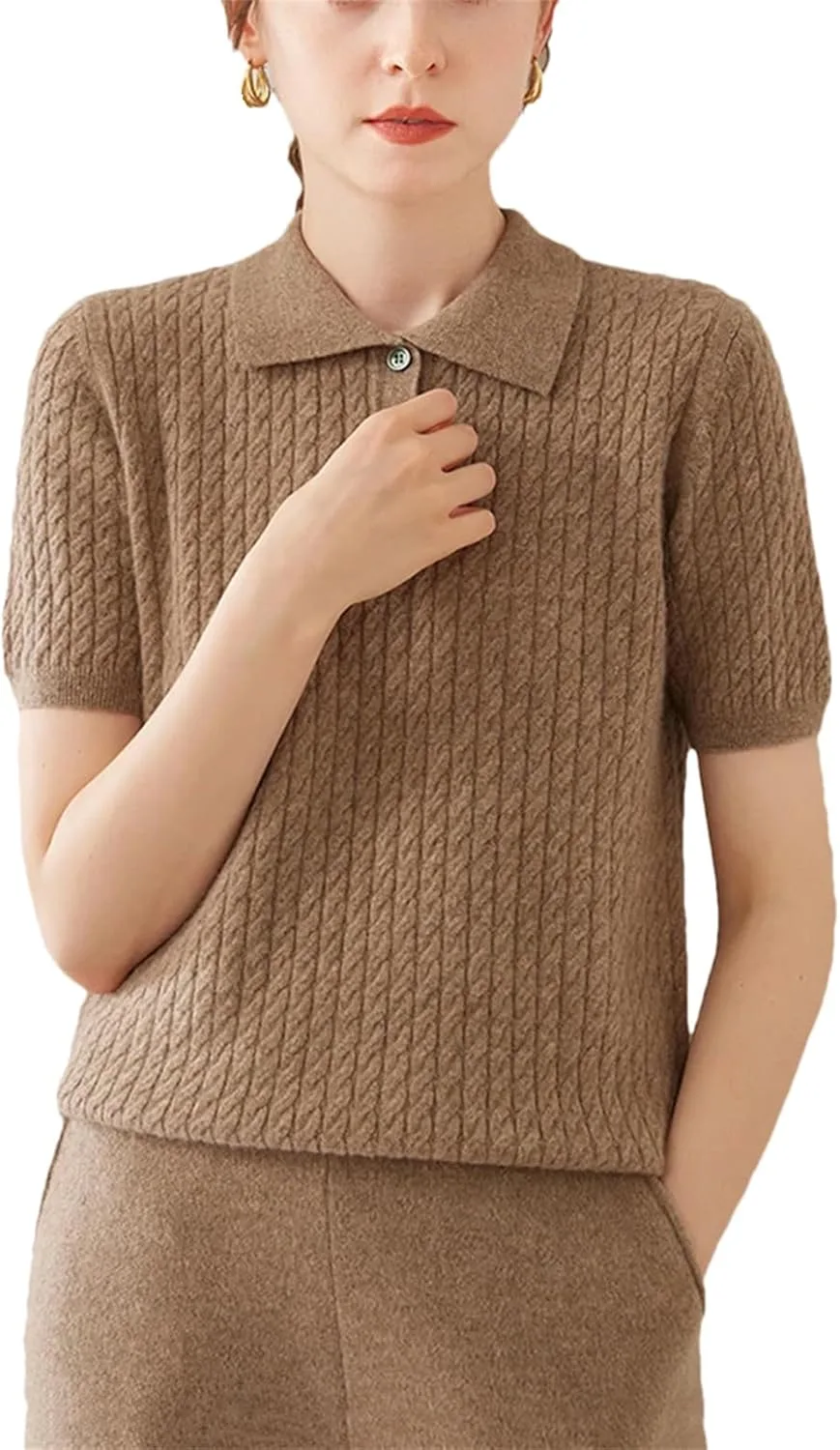 

Женский пуловер из 100% кашемира с коротким рукавом и лацканом