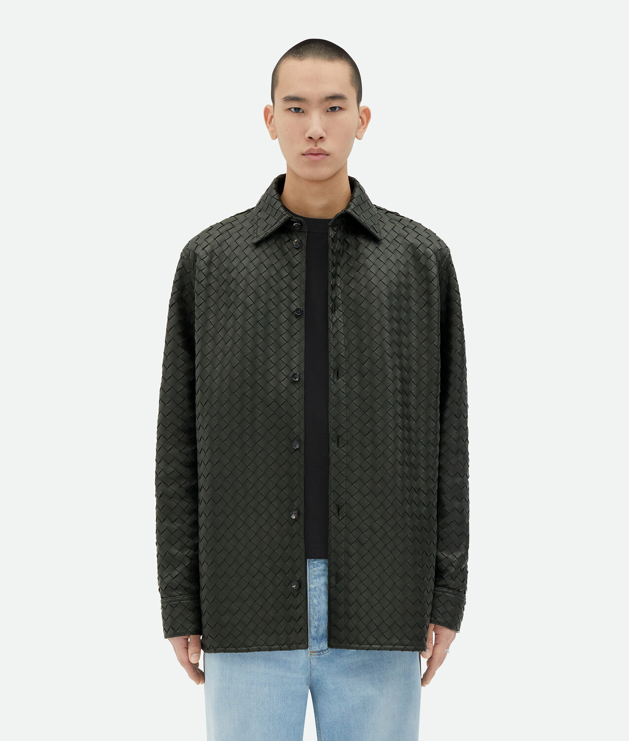 

Рубашка из кожи Intrecciato с эффектом свободного покроя Bottega Veneta, зеленый