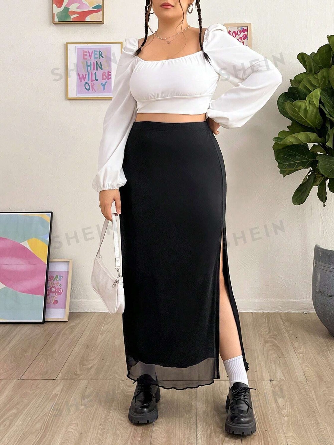 

EZwear Plus Юбка с высоким разрезом и сетчатой ​​отделкой Shein, черный