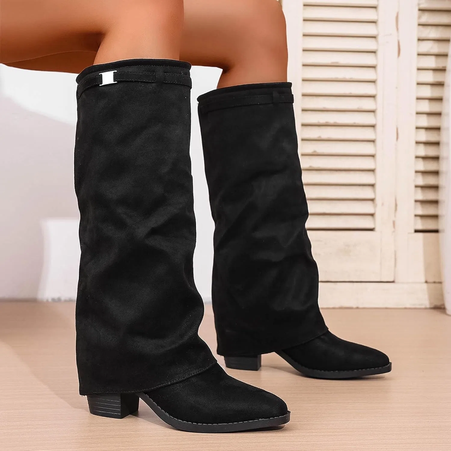 SKFLABOOF Выше колена Stiefel Damen - Stiefeletten Schuhe Western Cowboy Boots Mit Absatz Зимние ботинки на высоком каблуке Herbstschuhe Elegant Langschaftstiefel mit Schnalle Черный, Белый, Коричневый, 37,38,39,40,41,42 — фото 3