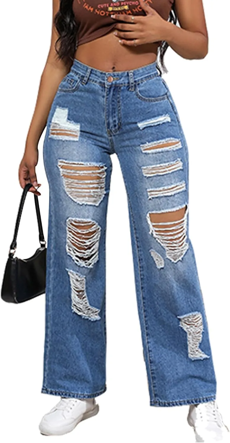 

Sexyshine женские джинсы с высокой талией прямого кроя, рваные, свободные