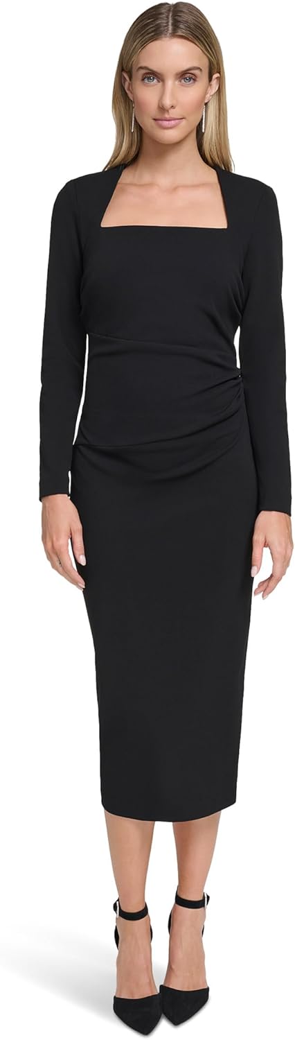 

Calvin Klein Женское платье-футляр Scuba Crepe с длинным рукавом и миди, Black