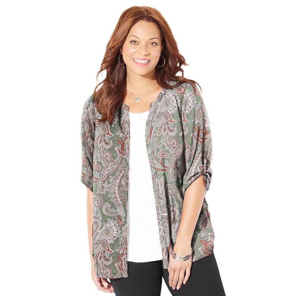 

Женская блузка размера плюс Breezeway из жоржетаCatherines, цвет Olive Green Paisley