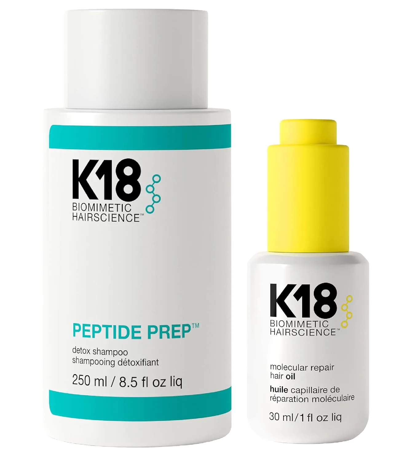 Набор K18 Detox Shampoo & Hair Oil Bundle включает в себя очищающий шампунь для окрашенных волос (240 мл) для удаления загрязнений и невесомое укрепляющее масло для волос (30 мл).