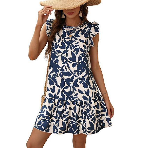 

Женское платье мини свободного кроя с круглым вырезом, рюшами на рукавах и цветочным принтом для летнего отдыха Clearflower, Blue Floral