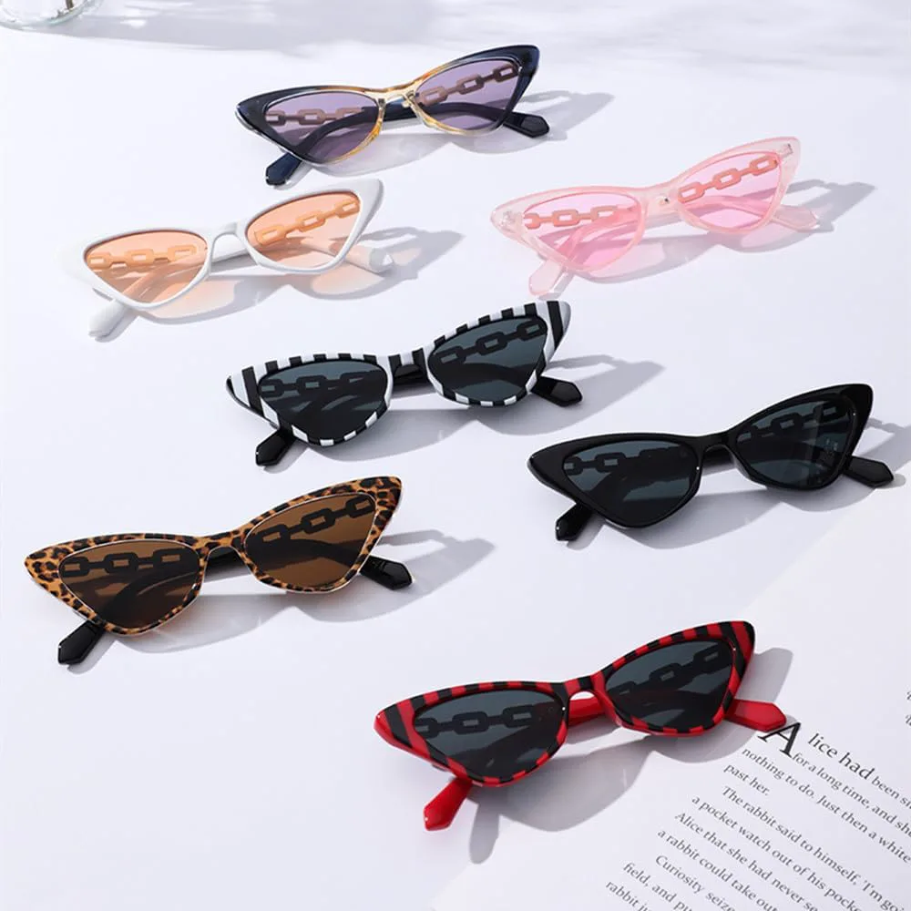 

Модные маленькие ретро-солнцезащитные очки «кошачий глаз» для женщин, яркие винтажные очки с металлической цепочкой, солнцезащитные очки UV400 TYUVIVO, Black