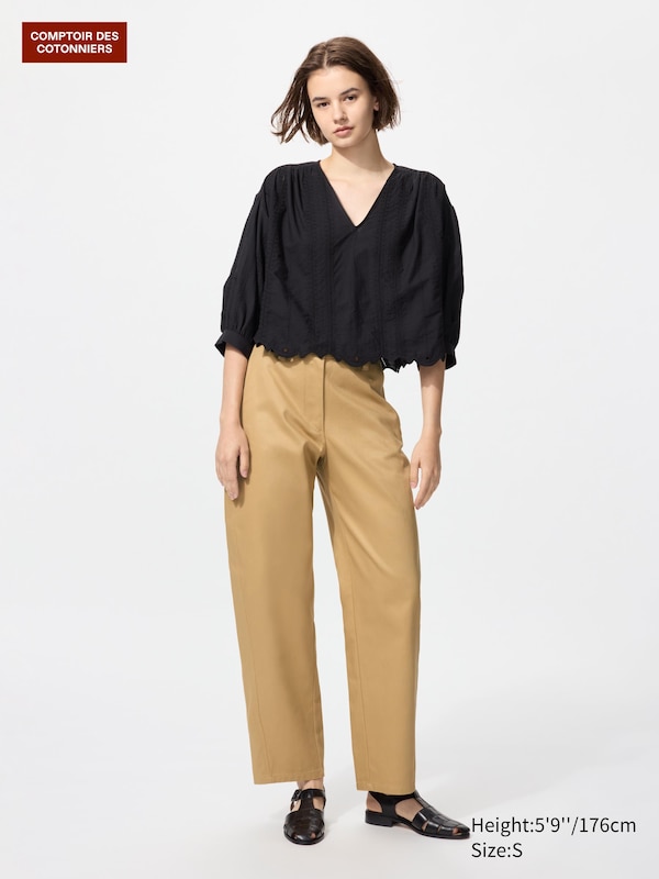 

Брюки из хлопка и лиоцелла с бочкообразными штанинами Uniqlo, 32 beige