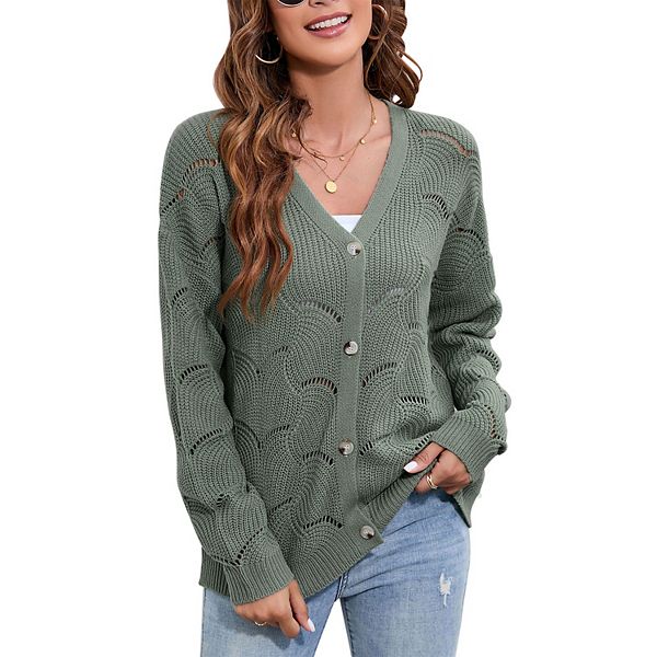 

Женский легкий кардиган с длинным рукавом и ажурной вязкой Seoria, Bean Green