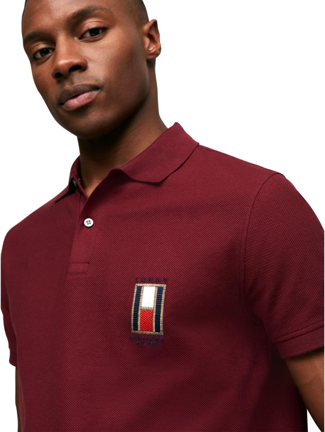 Мужские поло Tommy Hilfiger с коротким рукавом, классического кроя, эластичные, с вертикальным логотипом, Deep Rouge — фото 2