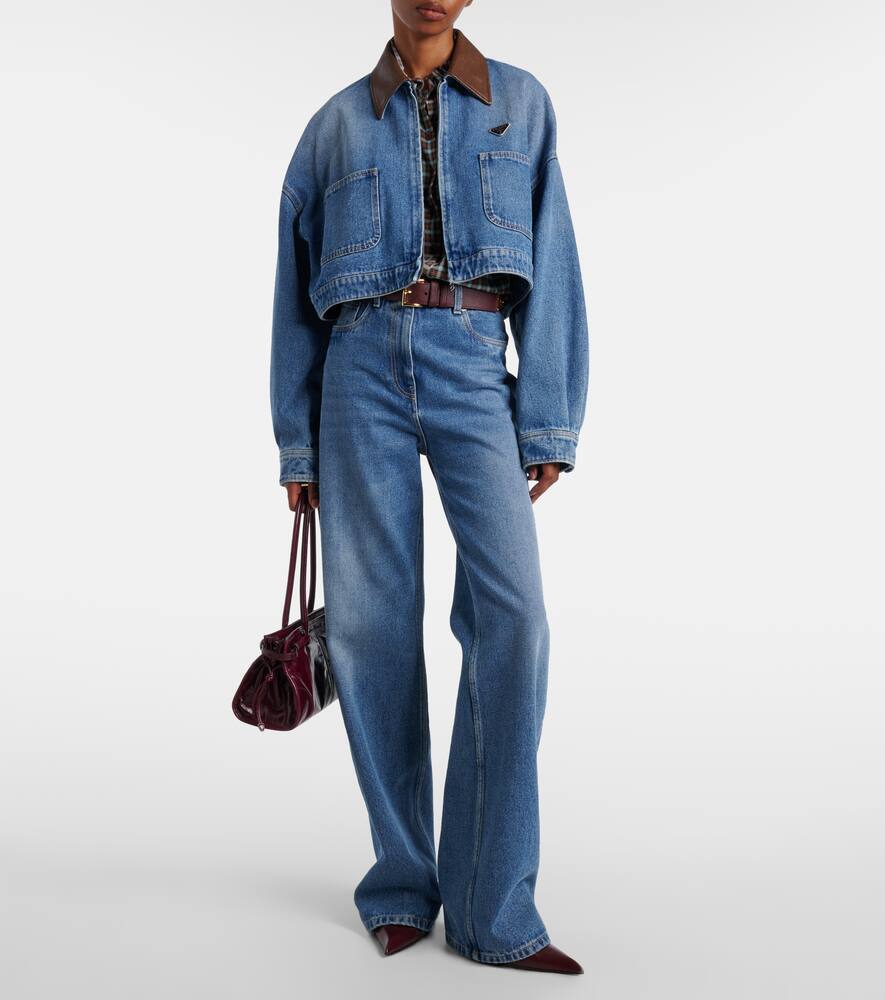 Короткая джинсовая куртка с кожаными деталями Prada, Light Blue — фото 2