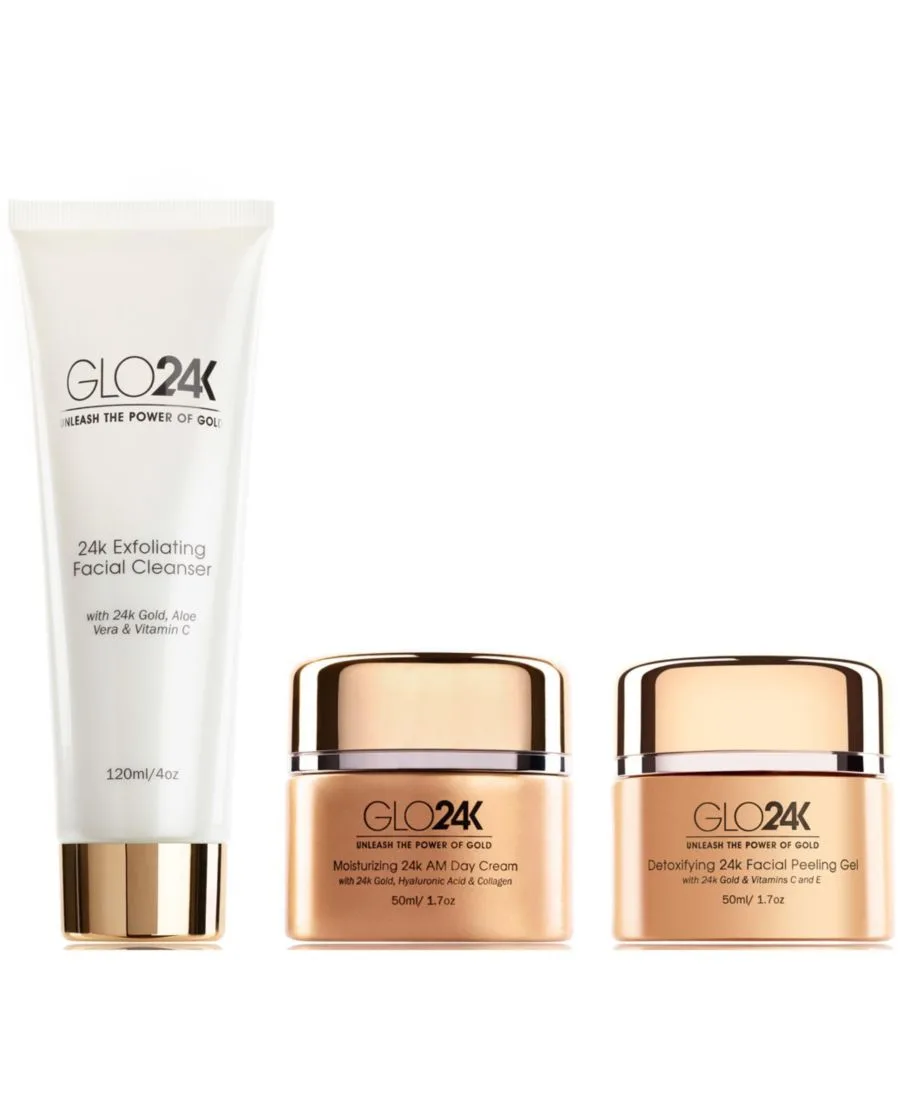GLO24K Полный набор: увлажняющий дневной крем с 24-каратным золотом, отшелушивающий гель и очищающее средство для лица