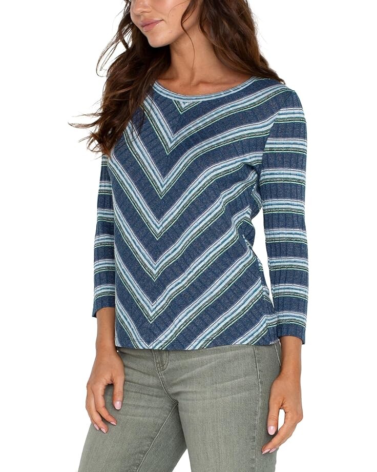 

Топ Liverpool Los Angeles 3/4 Slv Miter Front Scoop Neck Rib Knit Top, цвет Blue/Teal Multistripe