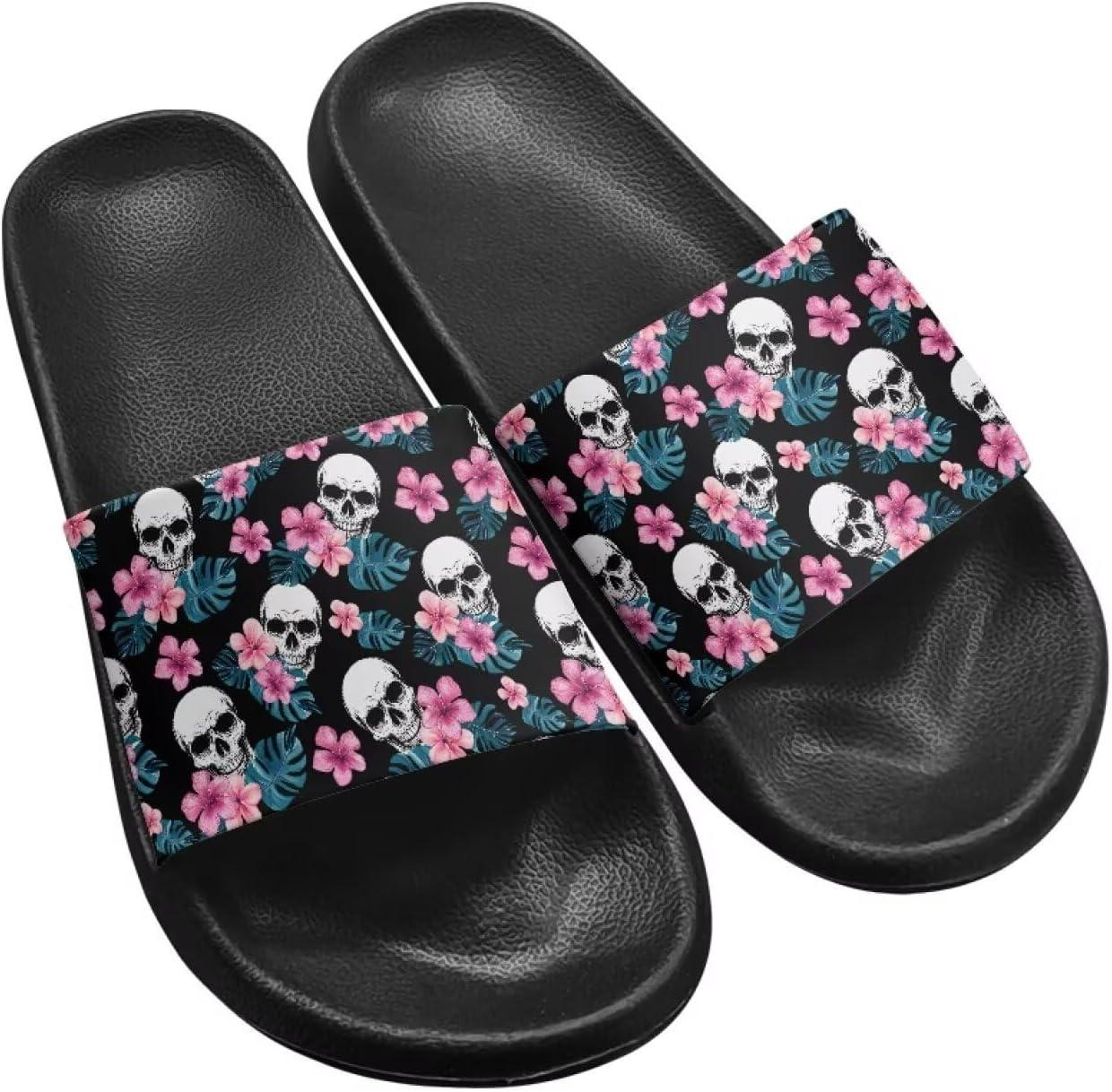 

Шлепанцы Hechitok унисекс, мягкие шлепанцы EVA с толстой подошвой, открытый носок, Skull Hibiscus Flowers