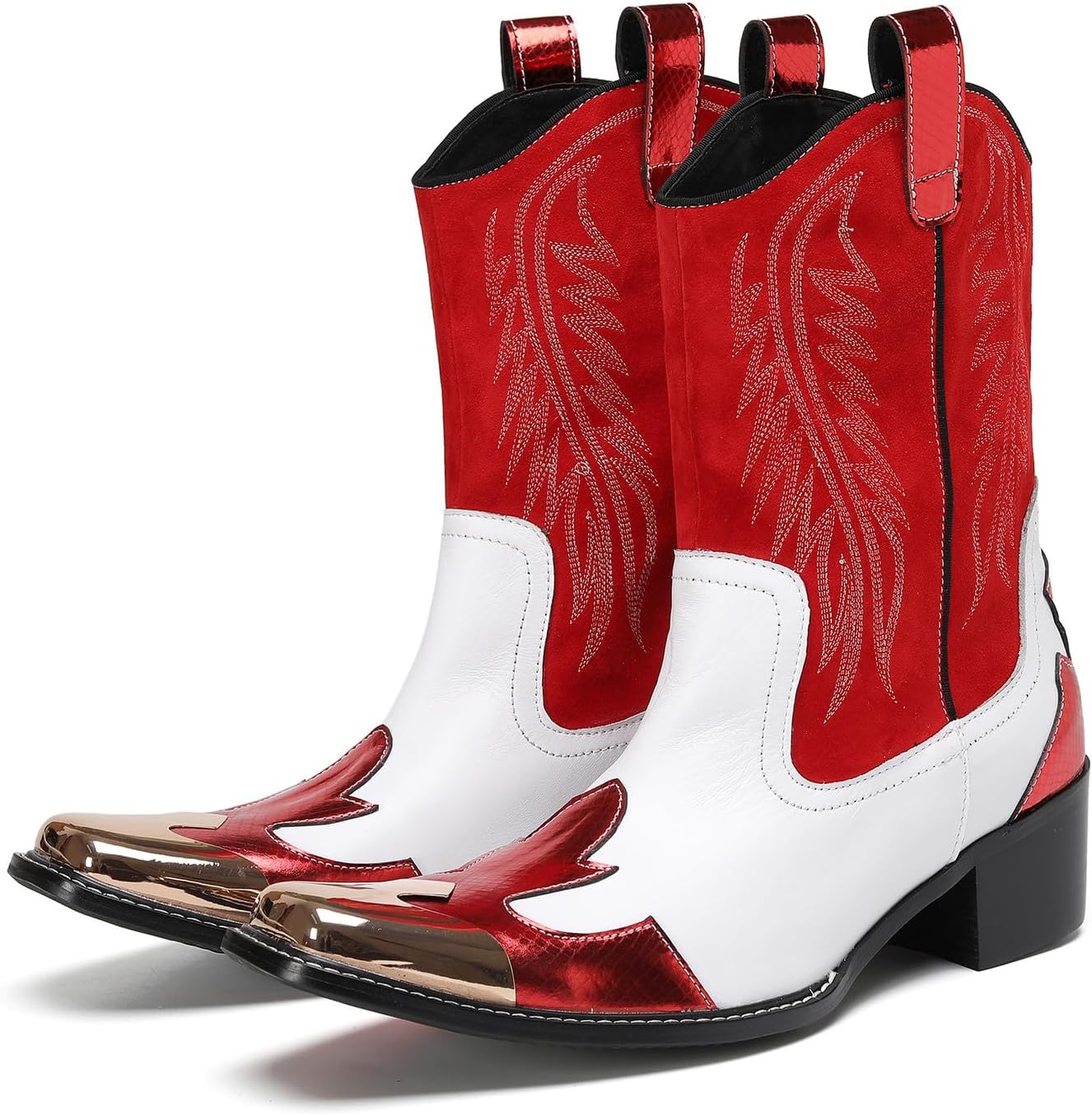 

Мужские ковбойские ботинки Santimon в западном стиле из кожи коровьей выделки, красно-белоe оформление - удобные повседневные ботинки средней высоты на голени для ретро-вышитого родео или фестивальной вечеринки