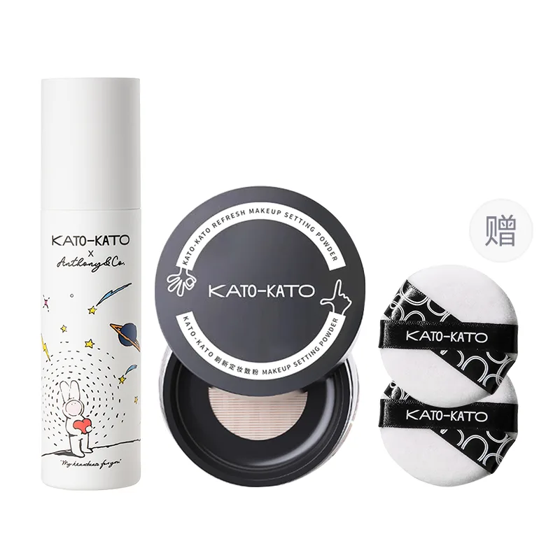 KATO-KATO KATO рассыпчатая пудра и спрей для фиксации макияжа, контроль жирного блеска, стойкость, коррекция тона кожи 100 мл+6,5 г/100 мл+8 г, 02 Transparent+Liquid Face Mask Makeup-Setting Spray, Includes 2 Pcs Powder Puffs — фото 3