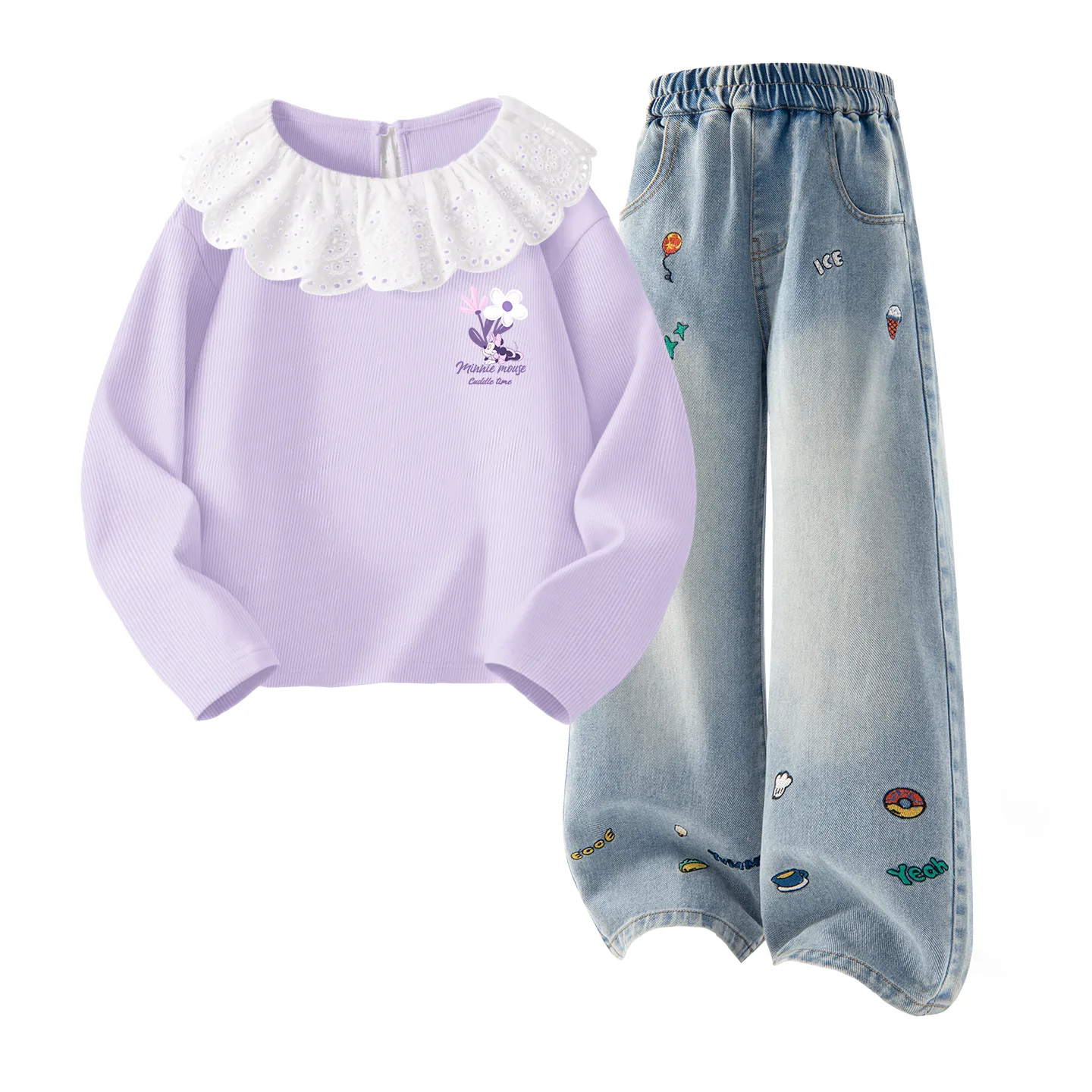 Детский спортивный комплект Casual Sportswear из 2 предметов Disney, Di Chao Flower K Taro Purple+Solid Color Denim Blue