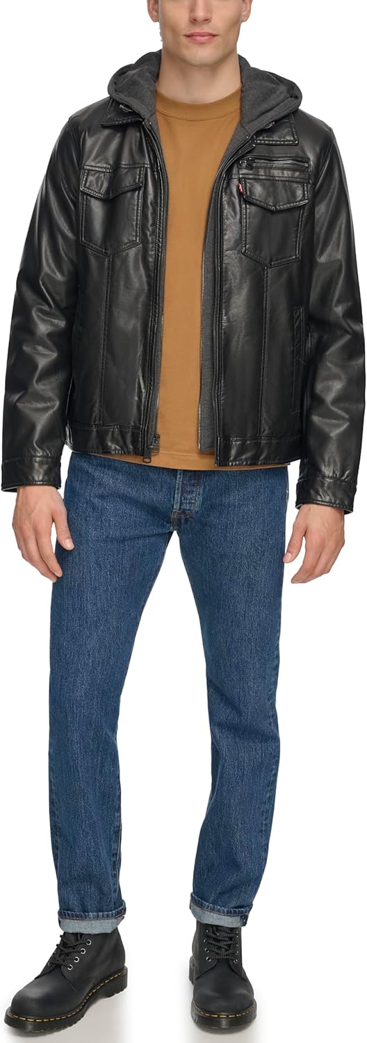 Мужская куртка Levi's из искусственной кожи с капюшоном и подкладкой из шерпы (стандартные размеры, большие и высокие), Black — фото 2
