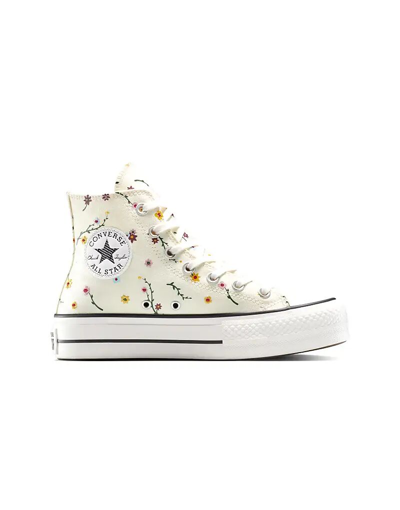 Кеды Converse Chuck Taylor All Star Lift на платформе с вышитыми цветами в цвете цапля/винтажный белый/черный