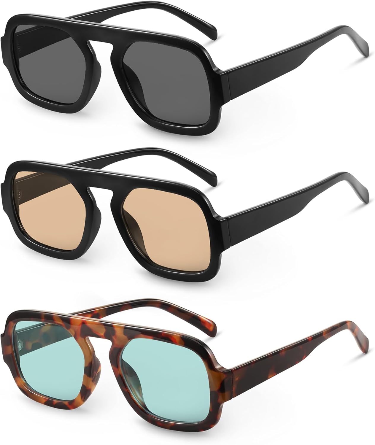 

Солнцезащитные очки-авиаторы YDAOWKN в стиле ретро, ​​квадратные, для женщин и мужчин, модные, с плоской верхней частью, защита от УФ-излучения, винтажные, (3 Pack) Black/Grey+black/Brown+tortoise/Blue