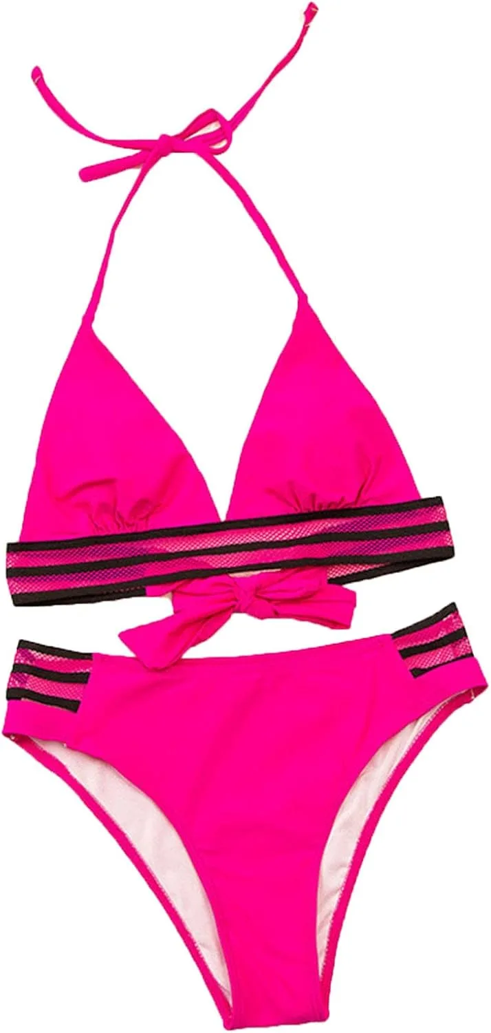 

Женский купальник-бикини с V-образным вырезом и завязкой на шее, полосатый, с высокой талией