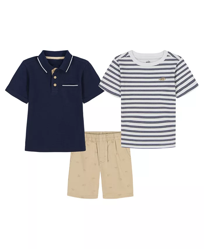 

Комплект для малышей и мальчиков: поло с контрастными деталями, футболка в полоску и шорты из твила с принтом (3 предмета) Kids Headquarters