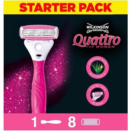 

Wilkinson Sword Quattro для женщин, гладкая ручка для бритвы + 8 сменных лезвий, набор из 9 предметов