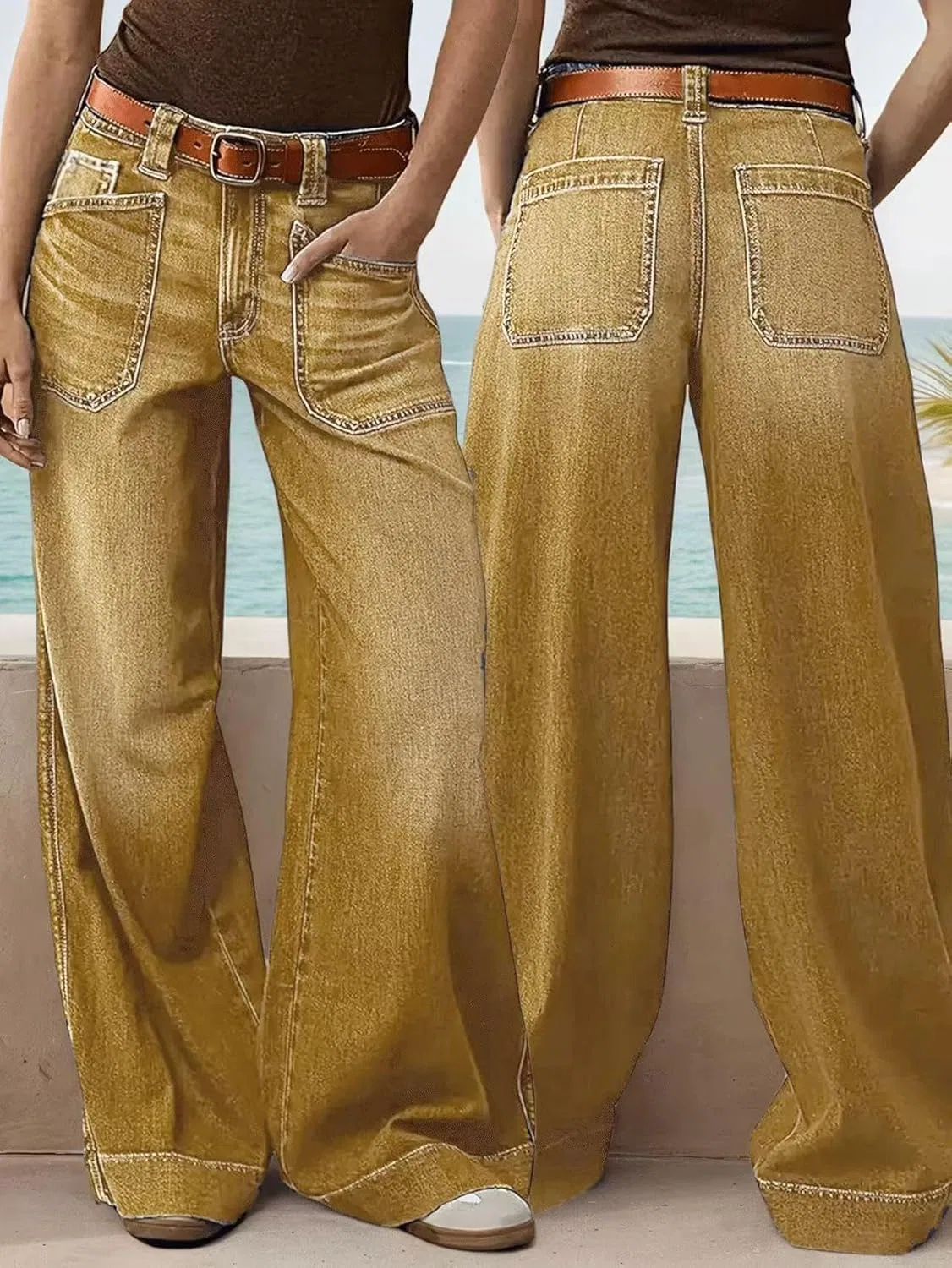 Джинсы wide leg, Желтый — фото 4