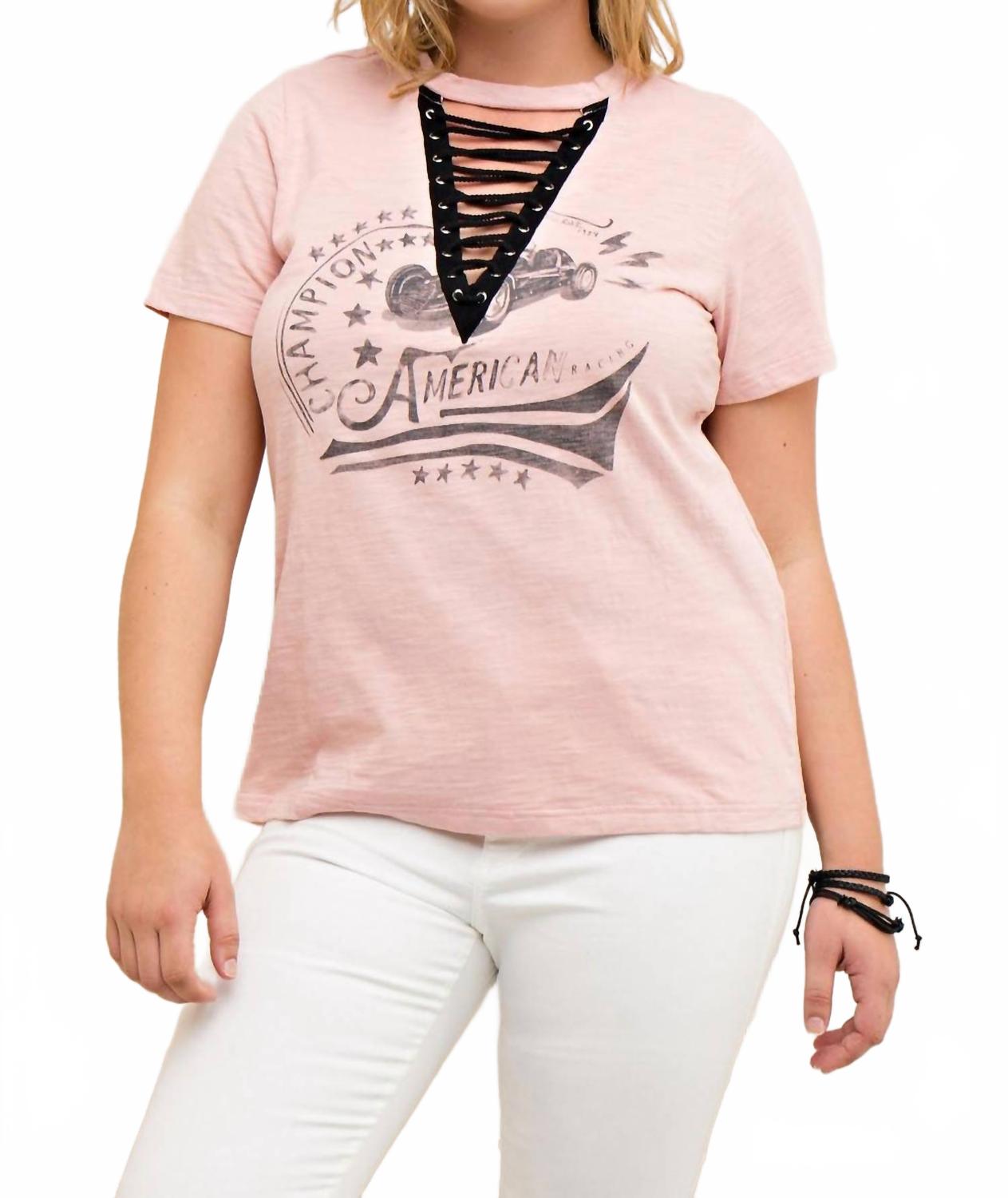 

Футболка с кружевной шнуровкой и принтом в розовом цвете Entro