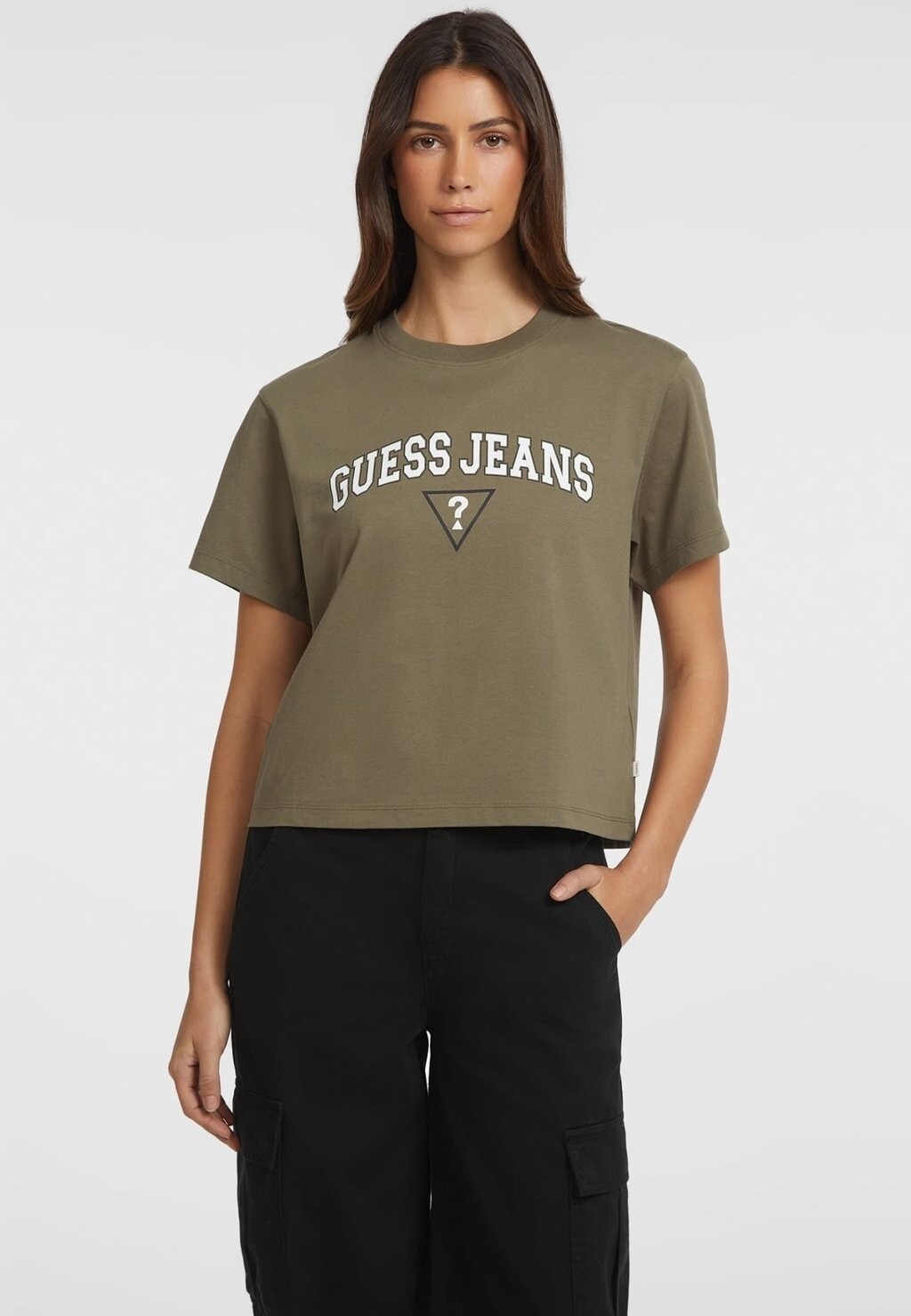 

Принт на футболке SS CN BOXY TEE Guess Jeans, оливковый