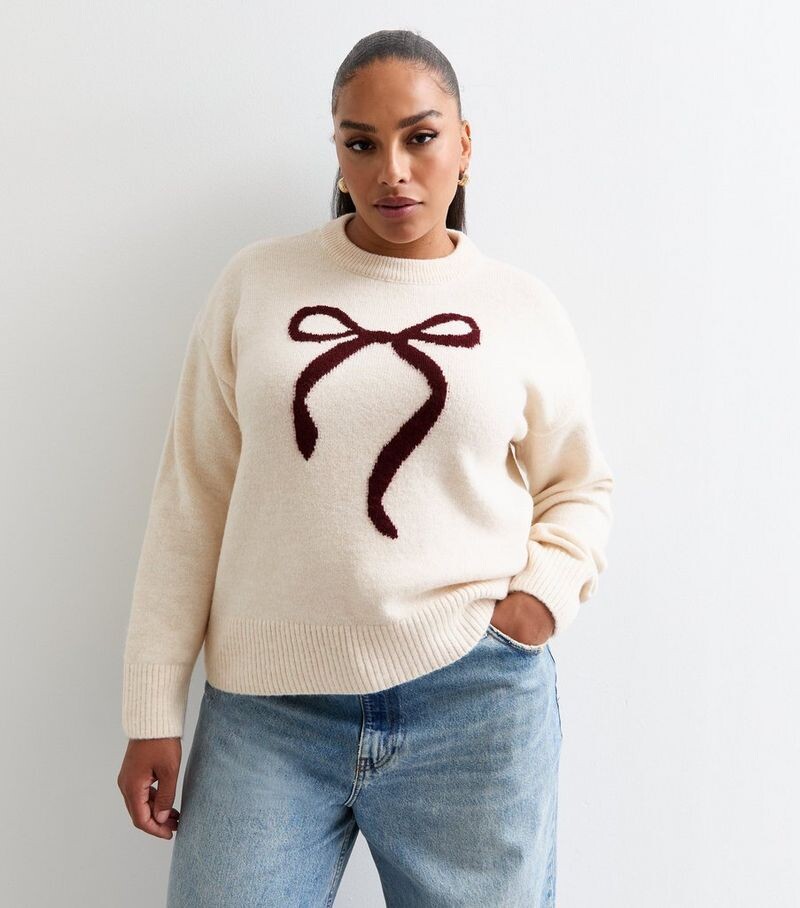

Белый джемпер вязки с бантом Curves Off New Look, белый