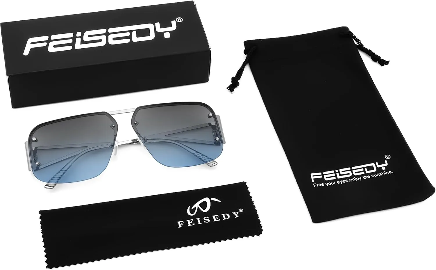 

Модные солнцезащитные очки-авиаторы FEISEDY для женщин и мужчин, ретро, ​​металлическая безободковая оправа, квадратная форма, B2985, Silver Frame Blue Lens