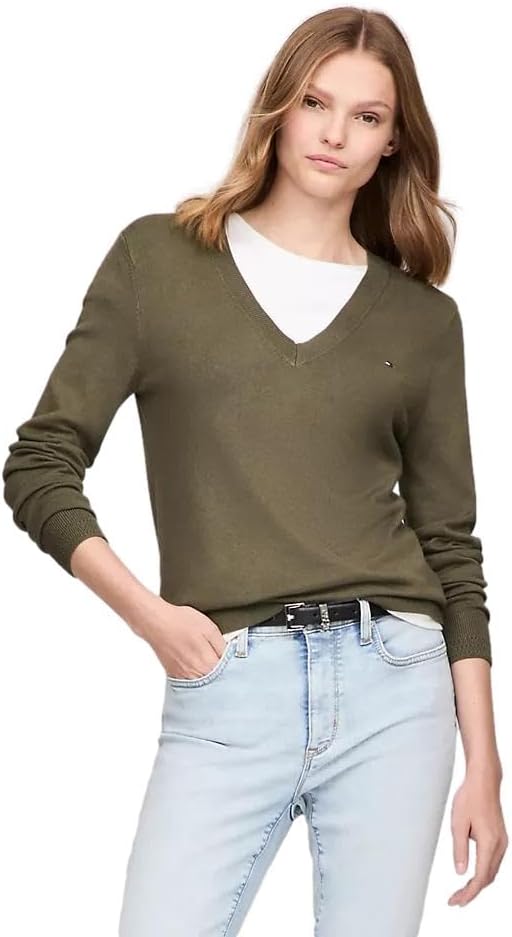

Женский легкий свитер Tommy Hilfiger Classic Fit с V-образным вырезом, Army Green.